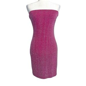 Vintage 90s Charlotte Russe Glittery Strapless Mini Dress L Pink Slinky Sexy USA